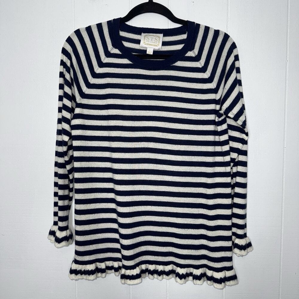 Sail To Sable STS Women’s 100% Cashmere Striped Sweater Navy Blue Nautical L